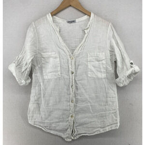 BOHABILLE Shirt Womens M Linen Sequin Button Front Roll Tab Sleeve White Italy